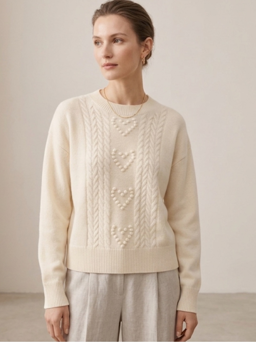 Charter Club Ivory Cashmere Crewneck Sweater Textured Heart Knit Size XL